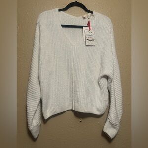 Pink Rose V-Neck White Sweater